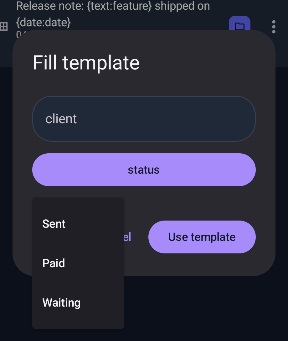 Cliperino template form with a status choice menu
